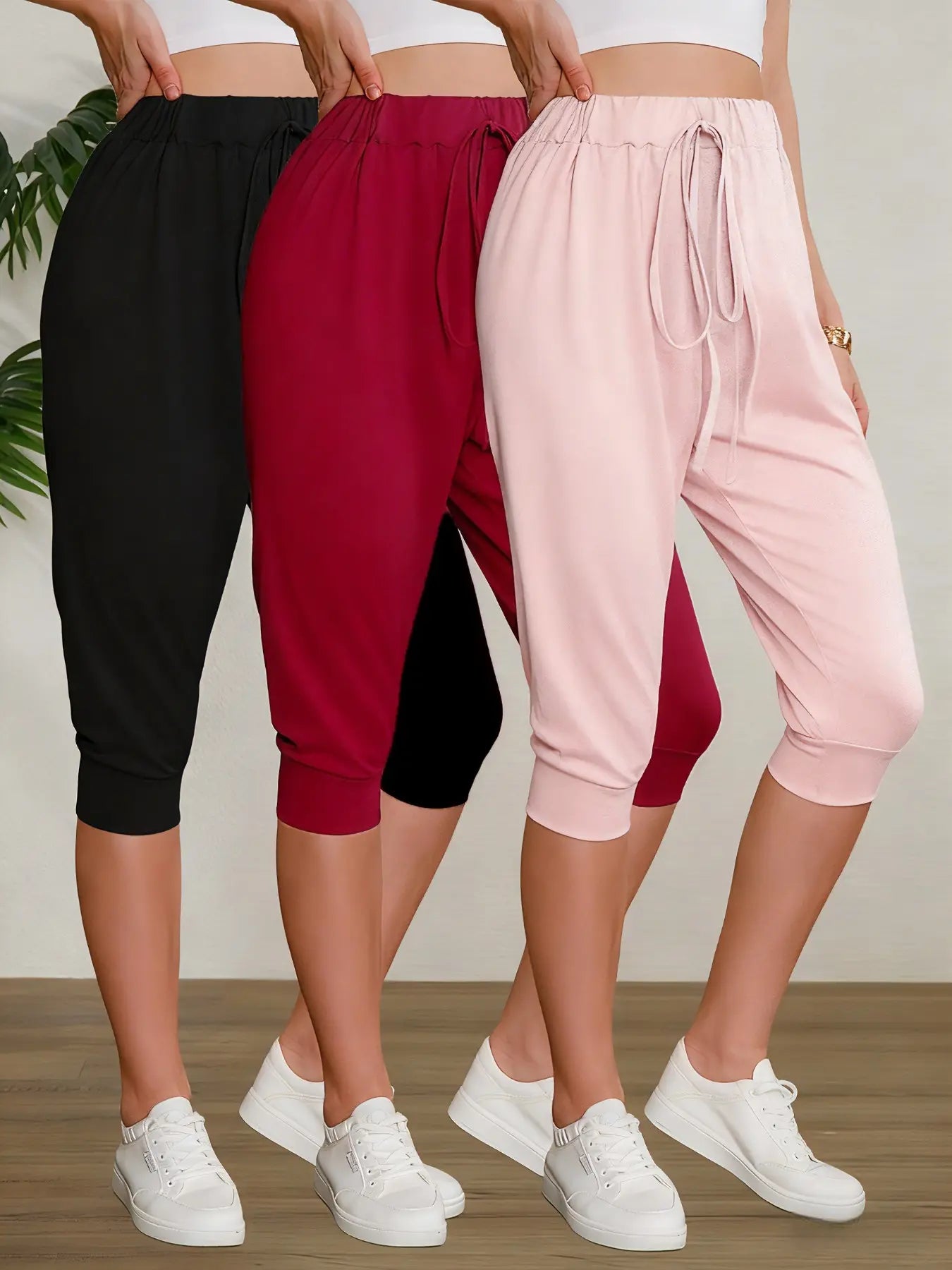 Women'S Casual Seven-Point Pants Set, Basic, Fitted, Comfortable Bowknot Design, Perfect for Home Wear & Outdoor Use, Stylish Women'S Bottoms