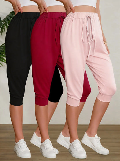 Women'S Casual Seven-Point Pants Set, Basic, Fitted, Comfortable Bowknot Design, Perfect for Home Wear & Outdoor Use, Stylish Women'S Bottoms