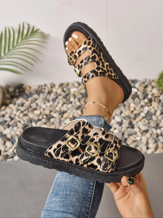 Women'S Fashion Leopard Print Platform Sandals, PU Leather Slides, Casual Comfortable Platform Sandals for Summer, Female All-Match round Toe Sandals for Daily Wear, Walking Shoes