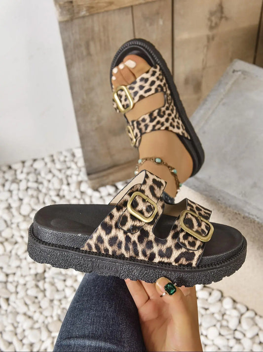 Women'S Fashion Leopard Print Platform Sandals, PU Leather Slides, Casual Comfortable Platform Sandals for Summer, Female All-Match round Toe Sandals for Daily Wear, Walking Shoes