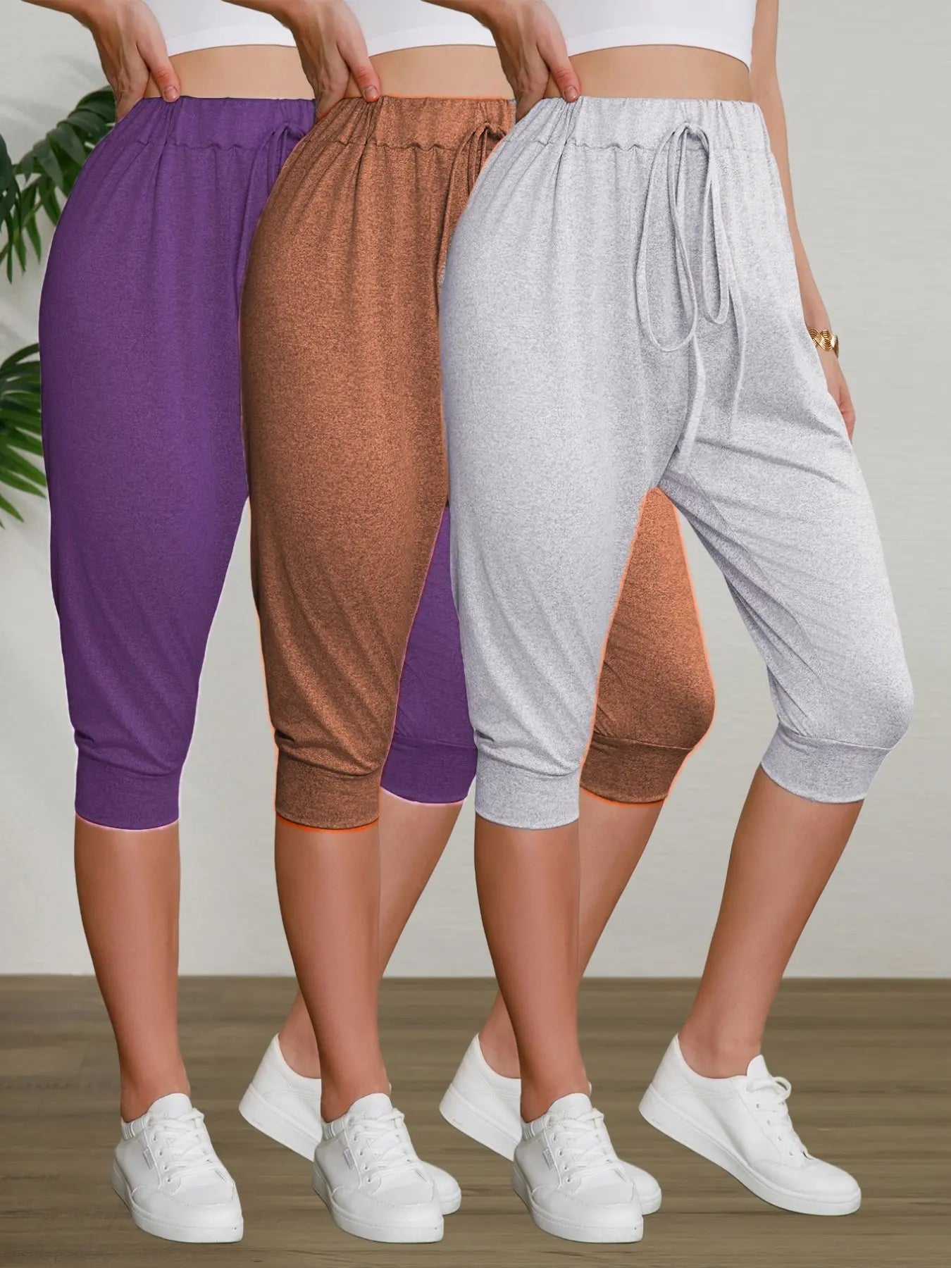 Women'S Casual Seven-Point Pants Set, Basic, Fitted, Comfortable Bowknot Design, Perfect for Home Wear & Outdoor Use, Stylish Women'S Bottoms