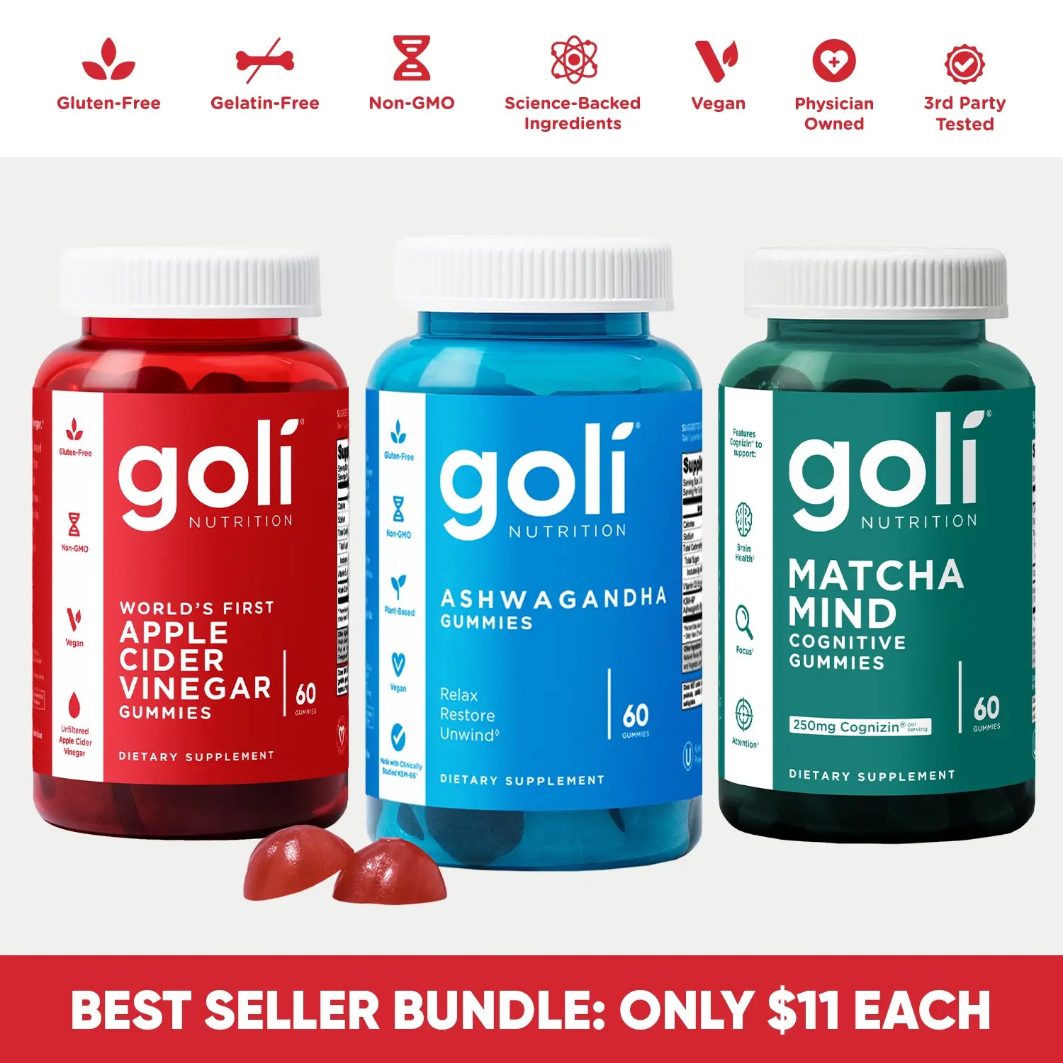 3 Bottles of Goli Best Seller Bundle: Ashwagandha KSM-66, Apple Cider Vinegar, Matcha Mind Supplement with Cognizin, Vitamins D2 and B12
