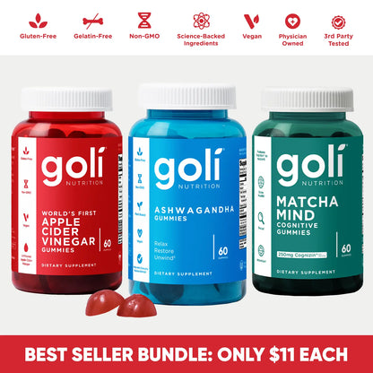 3 Bottles of Goli Best Seller Bundle: Ashwagandha KSM-66, Apple Cider Vinegar, Matcha Mind Supplement with Cognizin, Vitamins D2 and B12