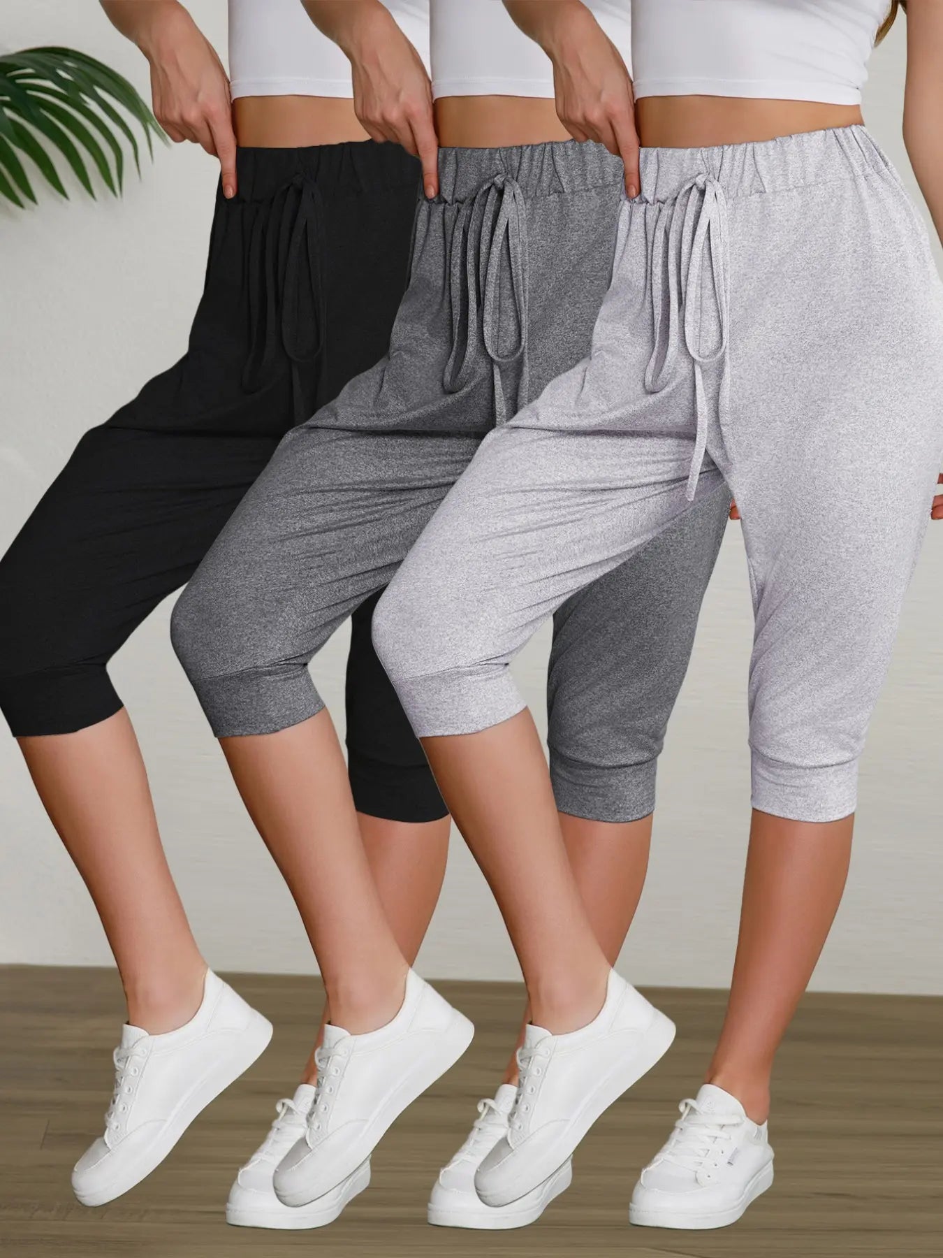 Women'S Casual Seven-Point Pants Set, Basic, Fitted, Comfortable Bowknot Design, Perfect for Home Wear & Outdoor Use, Stylish Women'S Bottoms