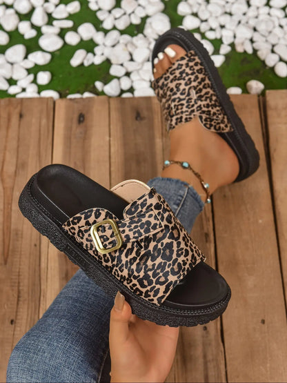 Women'S Fashion Leopard Print Platform Sandals, PU Leather Slides, Casual Comfortable Platform Sandals for Summer, Female All-Match round Toe Sandals for Daily Wear, Walking Shoes
