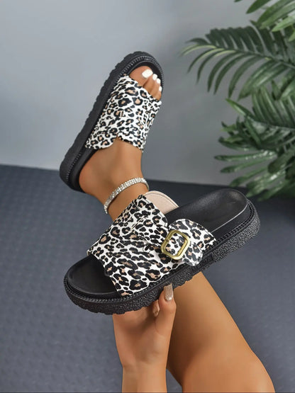 Women'S Fashion Leopard Print Platform Sandals, PU Leather Slides, Casual Comfortable Platform Sandals for Summer, Female All-Match round Toe Sandals for Daily Wear, Walking Shoes